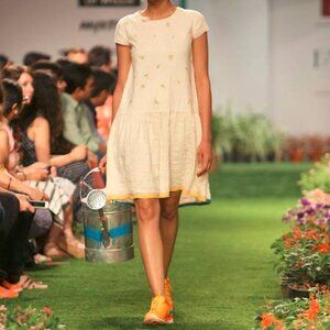 Pero SS/15 Cream Cotton Canvas Floral-Embroidered Drop-Waist Dress